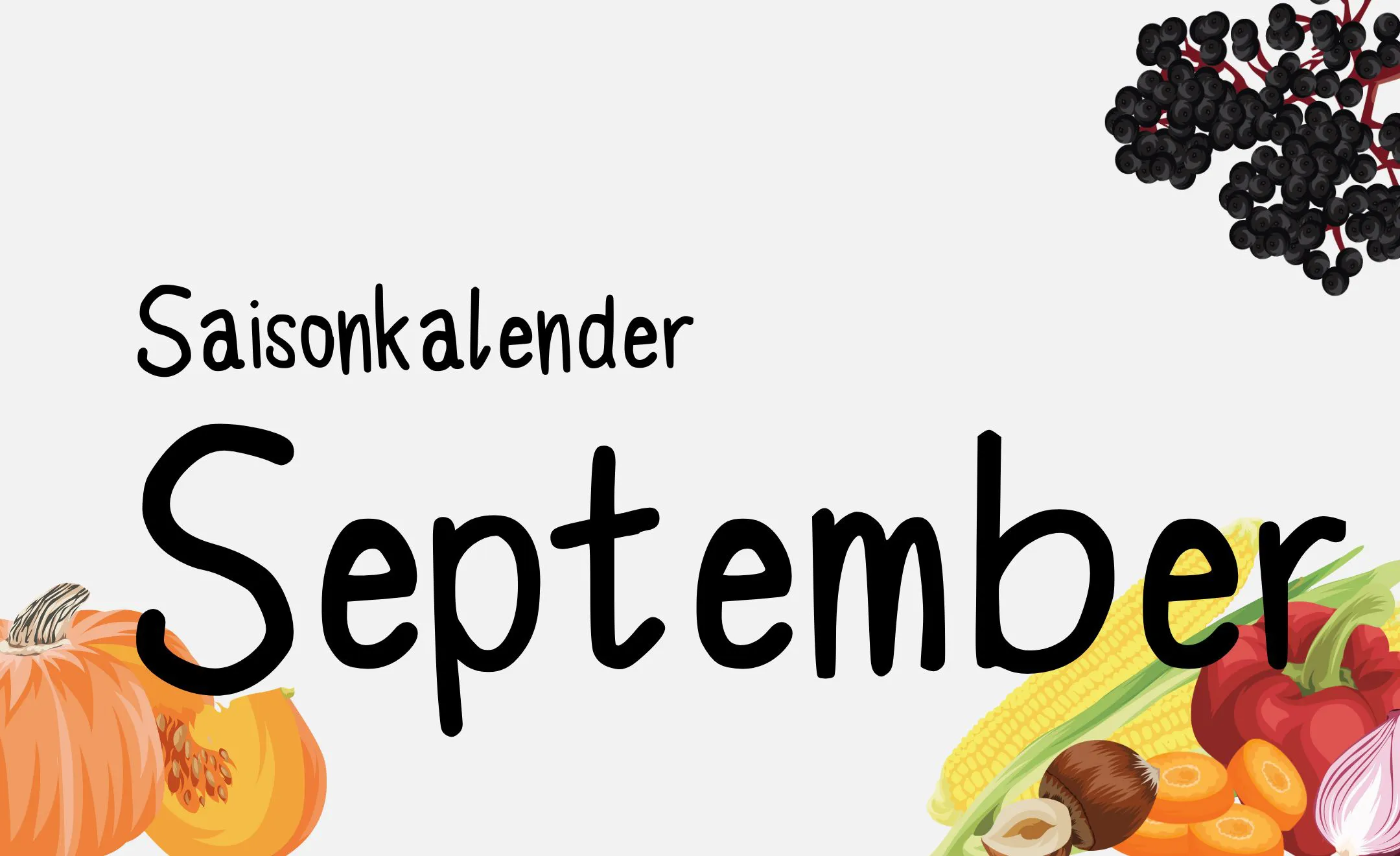 Text: „Saisonkalender September“ Hintergrund: Grafiken von saisonalen Obst und Gemüse